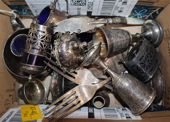 Mixed small silver including a mug, spill vase, condiments, flatware etc.